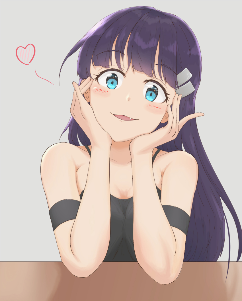 1girl blue_eyes blush breasts elbows_on_table fang hair_ornament hands_on_own_face heart highres kiyal_bachika long_hair looking_at_viewer purple_hair smile solo suicabar72 table tengen_toppa_gurren_lagann