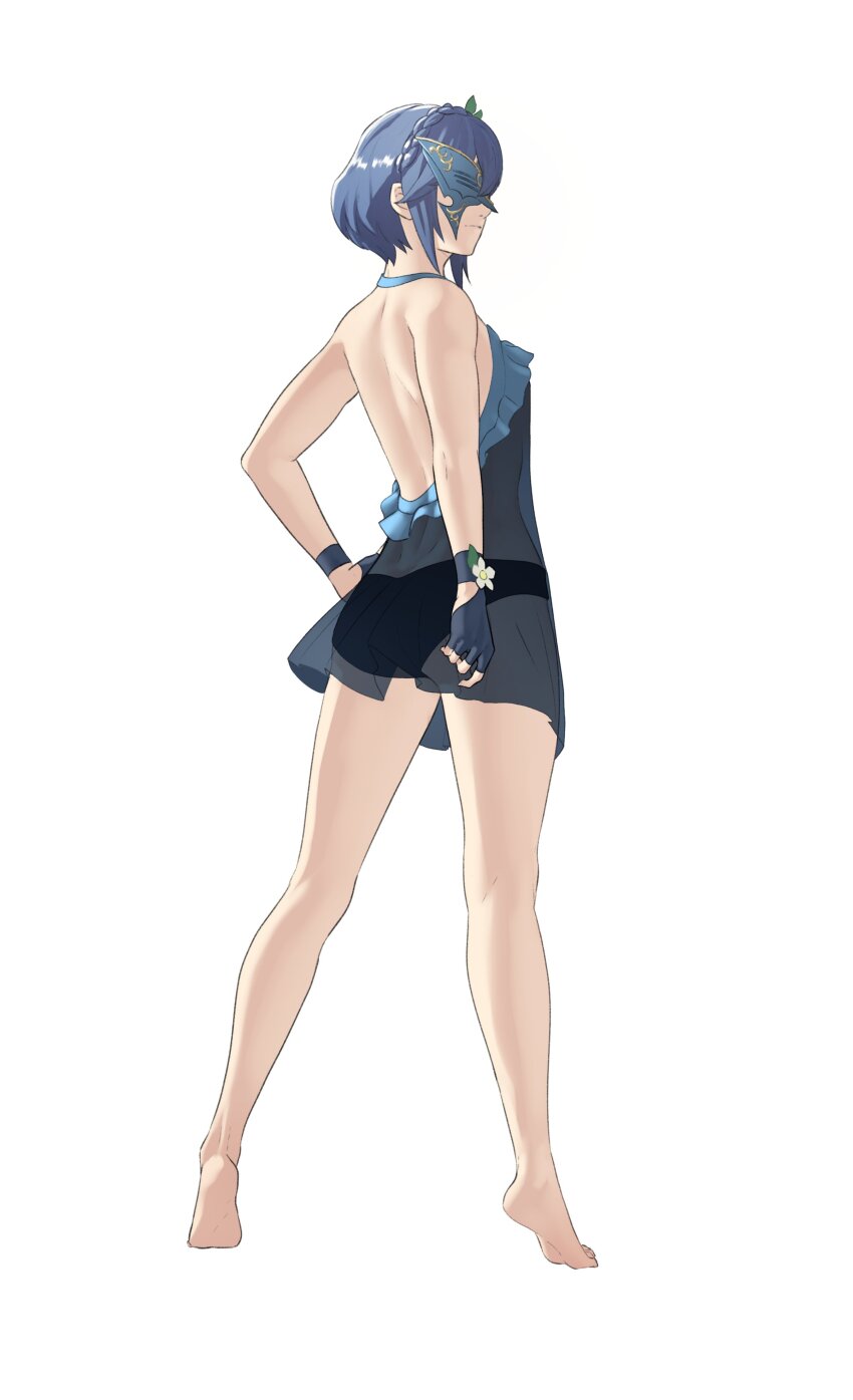 1girl absurdres ass back bare_arms bare_legs barefoot bikini blue_bikini blue_hair fingerless_gloves fire_emblem fire_emblem_awakening fire_emblem_heroes flower from_behind full_body gloves highres looking_at_viewer looking_back lucina_(fire_emblem) lucina_(summer)_(fire_emblem) marth_(fire_emblem_awakening) mask nintendo official_alternate_costume official_alternate_hairstyle pomelomelon see-through_clothes short_hair solo swimsuit tiptoes white_background