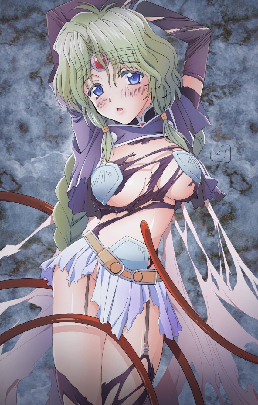 1girl blush breasts circlet green_hair haou_taikei_ryuu_knight highres large_breasts long_hair looking_at_viewer nori_(norimakigumo) open_mouth paffy_pafuricia purple_eyes skirt solo sweat thighhighs torn_clothes twintails very_long_hair