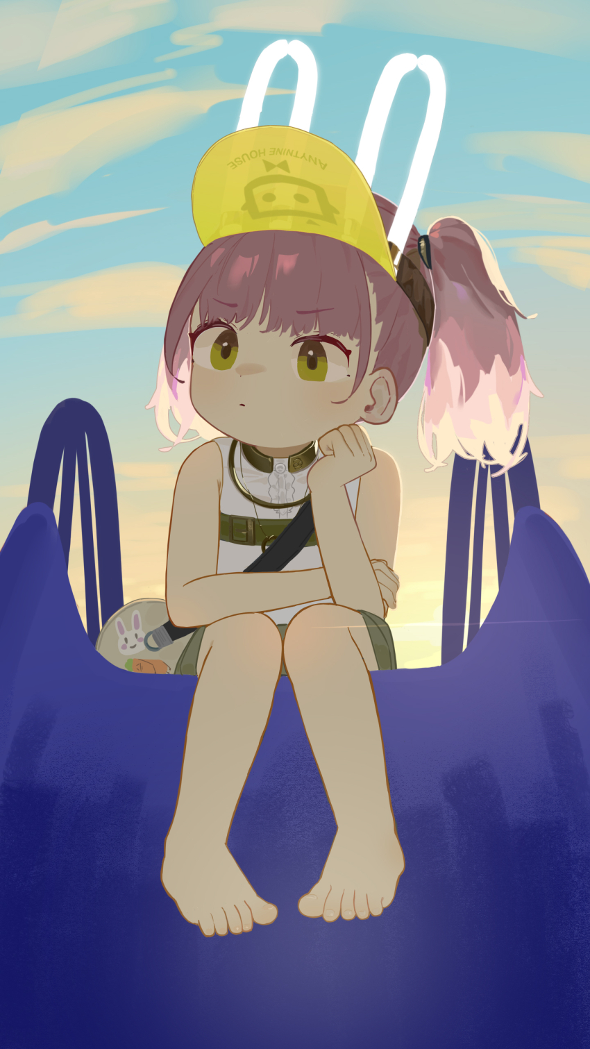 1girl absurdres animal_ears bare_arms bare_shoulders barefoot closed_mouth fake_animal_ears full_body girls&#039;_frontline girls&#039;_frontline_neural_cloud green_eyes hand_on_own_cheek hand_on_own_face highres pink_hair shirt sitting sleeveless sleeveless_shirt solo taisch_(neural_cloud) twintails visor_cap white_shirt xiaotsihasiha