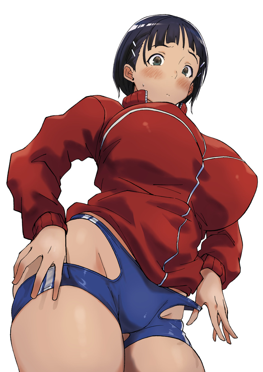 1girl absurdres arado_balanga_(xchd7538) black_eyes black_hair blue_one-piece_swimsuit blush bob_cut breasts closed_mouth clothes_pull collared_jacket from_below hair_ornament hairclip highres huge_breasts jacket kirigaya_suguha long_sleeves looking_at_viewer one-piece_swimsuit one-piece_swimsuit_pull pulling_own_clothes red_jacket short_hair solo sweatdrop swimsuit swimsuit_under_clothes sword_art_online t-back_spats track_jacket white_background
