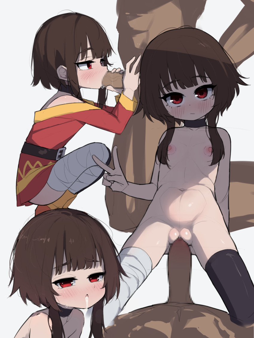 1boy 1girl after_fellatio age_difference arm_at_side asymmetrical_legwear bandaged_leg bandages bare_shoulders belt black_choker black_thighhighs blush boots brown_belt brown_hair censored choker close-up closed_mouth collarbone cum cum_in_mouth dako_o_(skwt4825) dark-skinned_male dark_skin dot_nose dress embarrassed expressionless eyelashes feet_out_of_frame fellatio flat_chest from_side full_body grey_background hand_up handjob hetero highres interracial kneeling kono_subarashii_sekai_ni_shukufuku_wo! legs_apart loli looking_at_another looking_at_viewer looking_to_the_side megumin mosaic_censoring multiple_views navel nipples nude off-shoulder_dress off_shoulder open_mouth oral orange_boots penis profile pussy red_dress red_eyes sex short_hair_with_long_locks simple_background single_thighhigh size_difference squatting textless_version thighhighs two-tone_dress v vaginal very_dark_skin yellow_dress