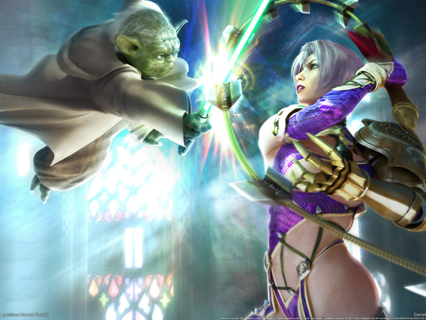 00s 1boy 1girl 2008 ass battle breasts cloak colored_skin crossover determined disney energy energy_sword energy_weapon fighting glowing glowing_sword glowing_weapon green_eyes green_skin highres isabella_valentine large_breasts lightsaber lipstick makeup metal_gloves mature_female namco official_art red_lips silver_hair soul_calibur soulcalibur soulcalibur_iv stained_glass star_wars sword thick_thighs thighs transforming_weapon weapon whip whip_sword yoda