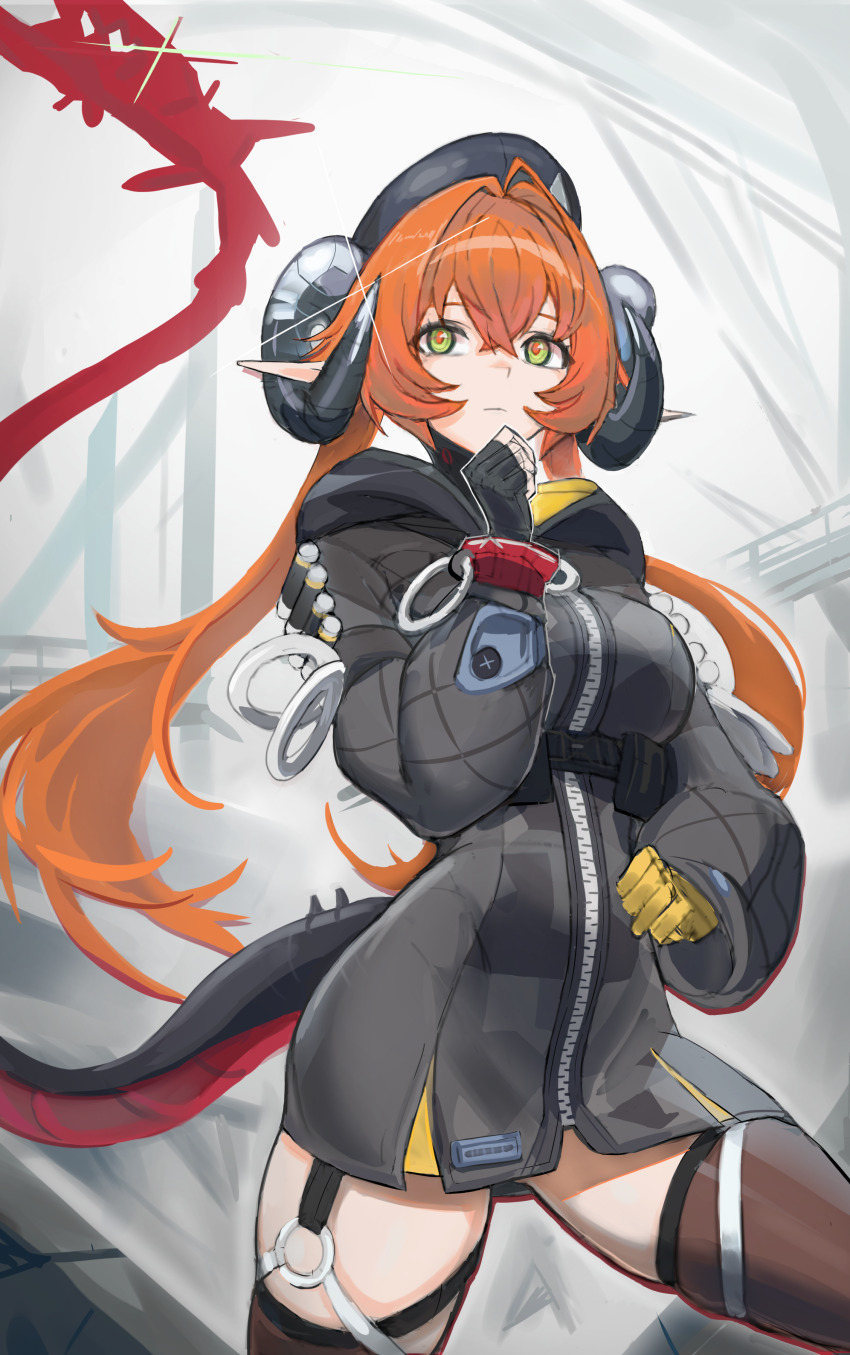 1girl absurdres asymmetrical_gloves black_gloves black_jacket closed_mouth cowboy_shot fingerless_gloves gloves green_eyes hair_between_eyes highres horns jacket long_hair looking_ahead mismatched_gloves orange_hair orpheus_(zenless_zone_zero) pointy_ears sidelocks socks standing tail yellow_gloves yeongspace zenless_zone_zero