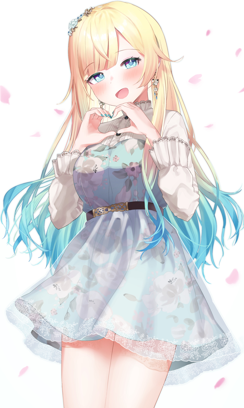 1girl absurdres aizawa_ema aizawa_ema_(3rd_costume) asatsuki933 belt belt_around_waist blonde_hair blue_eyes blue_hair blue_nails blunt_bangs blush brown_belt cowboy_shot dress earrings falling_petals floral_print floral_print_dress flower flower_earrings frilled_sleeves frills gradient_hair hair_flower hair_ornament heart heart_hands highres jewelry lace-trimmed_collar lace-trimmed_sleeves lace_trim long_hair long_sleeves looking_at_viewer multicolored_hair open_mouth parted_bangs petals print_dress see-through_dress_layer short_dress solo standing virtual_youtuber vspo! white_background