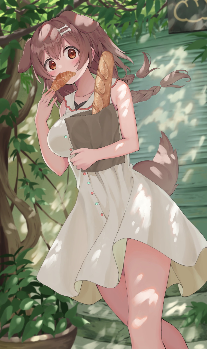 1girl absurdres animal_ears braid bread breasts brown_eyes brown_hair casual dog_ears dog_girl dog_tail dress food food_in_mouth highres hololive inugami_korone kajitsu_no_hito leaf long_hair looking_at_viewer outdoors sleeveless sleeveless_dress solo tail tree virtual_youtuber walking white_dress
