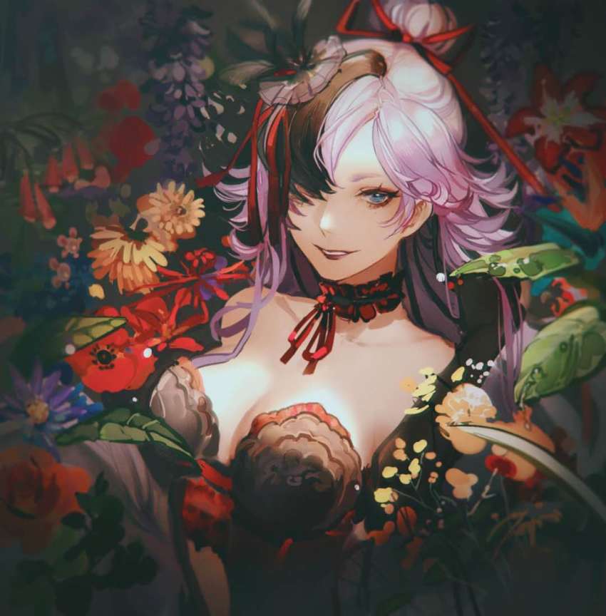 1girl black_hair blue_eyes choker cinderella_(sinoalice) clothing_cutout feathers grin hair_bun hair_ornament hair_over_eyes hair_ribbon long_hair looking_at_viewer navel_cutout parted_lips pink_hair ponytail ribbon senryoko single_hair_bun sinoalice smile solo teeth two_side_up
