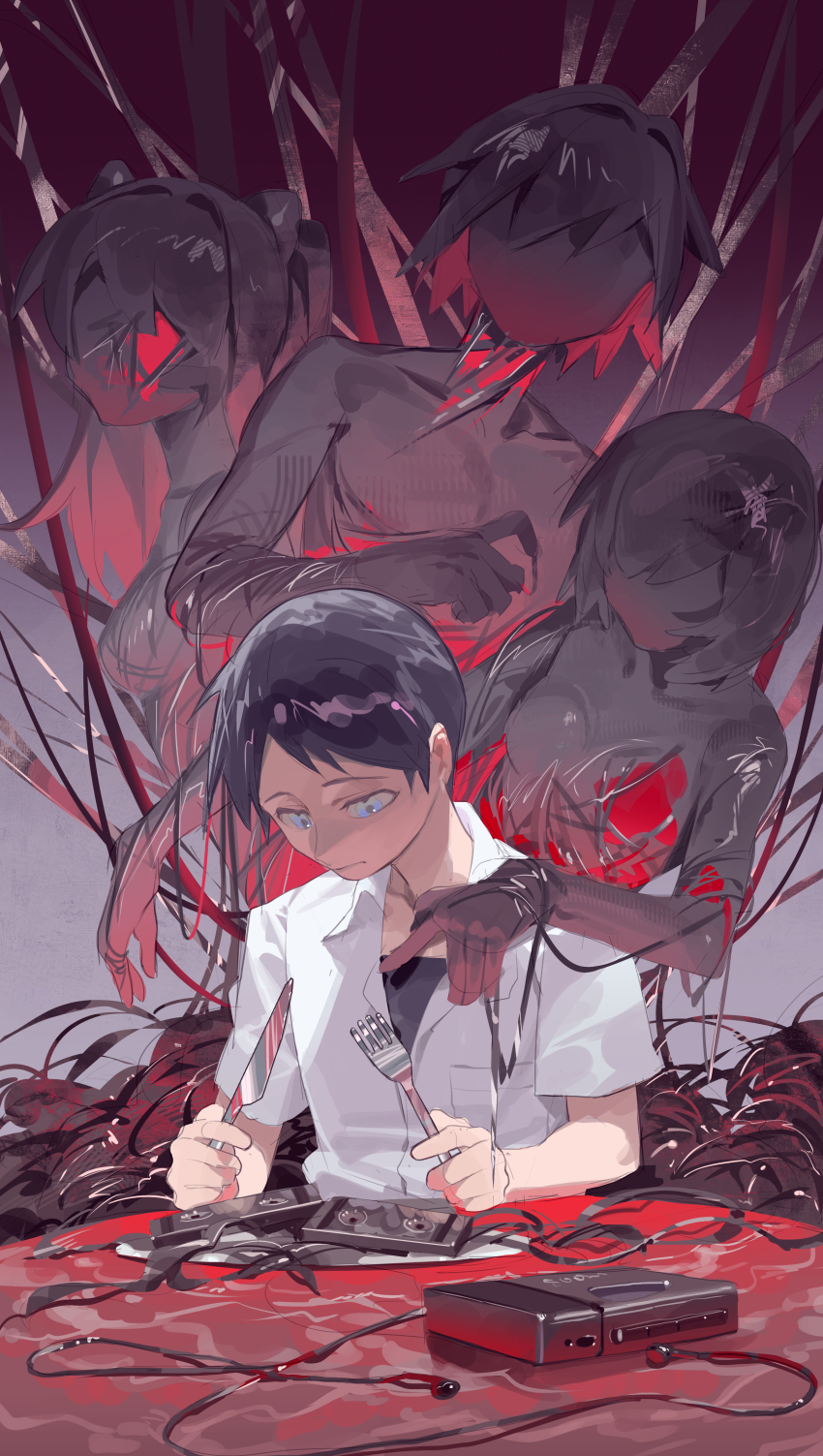 2boys 2girls absurdres ayanami_rei blue_eyes cassette_player cassette_tape faceless faceless_female faceless_male fork highres holding holding_fork holding_knife ikari_shinji knife looking_down multiple_boys multiple_girls nagisa_kaworu neon_genesis_evangelion omurice_(304975636) parted_bangs pointing shirt short_hair souryuu_asuka_langley white_shirt