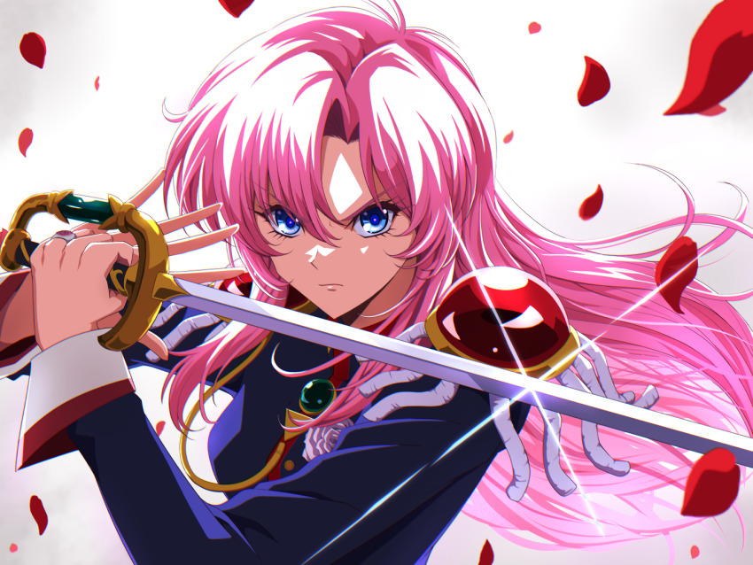 1girl black_jacket blue_eyes closed_mouth commentary_request determined epaulettes falling_petals floating_hair holding holding_sword holding_weapon jacket long_hair mamiya_myanmar partial_commentary petals pink_hair red_petals shoujo_kakumei_utena solo sword sword_of_dios tenjou_utena weapon white_sleeve_cuffs