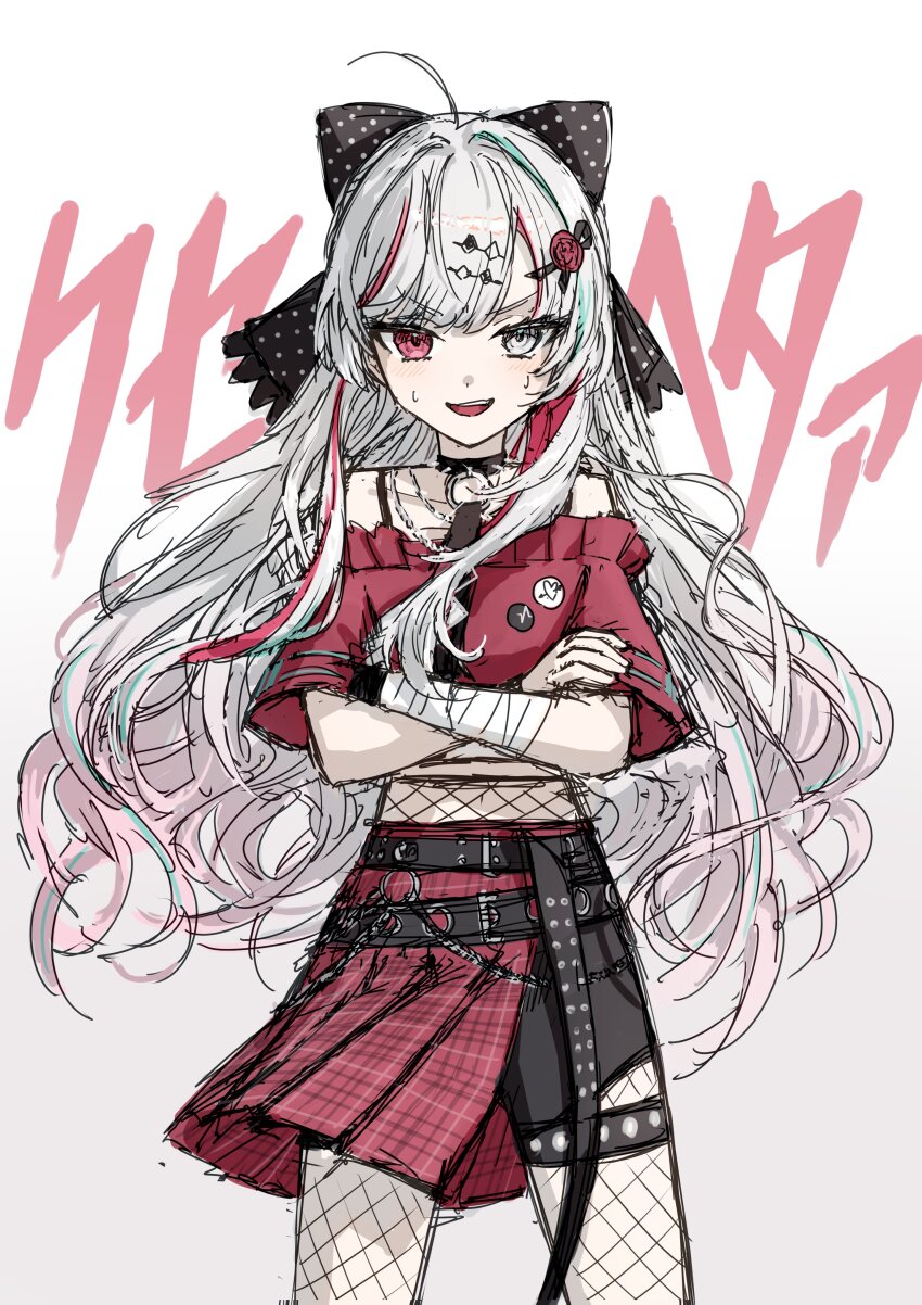 1girl :d absurdres ahoge armillarphere_v bandaged_arm bandages belt belt_buckle wallet_chain black_belt black_bow black_collar black_gloves black_necktie black_shorts blush bow bracelet buckle chain collar commentary_request corrupted_twitter_file cowboy_shot cropped_shirt crossed_arms fingerless_gloves fishnet_pantyhose fishnets floating_hair frilled_shirt frills gloves grey_eyes grey_hair hair_bow hair_intakes hair_ornament hairclip half-skirt heterochromia highres ishigami_nozomi ishigami_nozomi_(1st_costume) jewelry long_hair looking_at_viewer multicolored_hair necklace necktie nijisanji off-shoulder_shirt off_shoulder open_mouth pantyhose parted_bangs plaid_clothes plaid_skirt pleated_skirt polka_dot polka_dot_bow red_eyes red_hair red_shirt red_skirt shirt short_shorts shorts shorts_under_skirt sidelocks simple_background single_glove skirt smile solo spiked_collar spikes standing streaked_hair studded_belt studded_thigh_strap sweat teeth thigh_strap upper_teeth_only v-shaped_eyebrows very_long_hair virtual_youtuber white_background