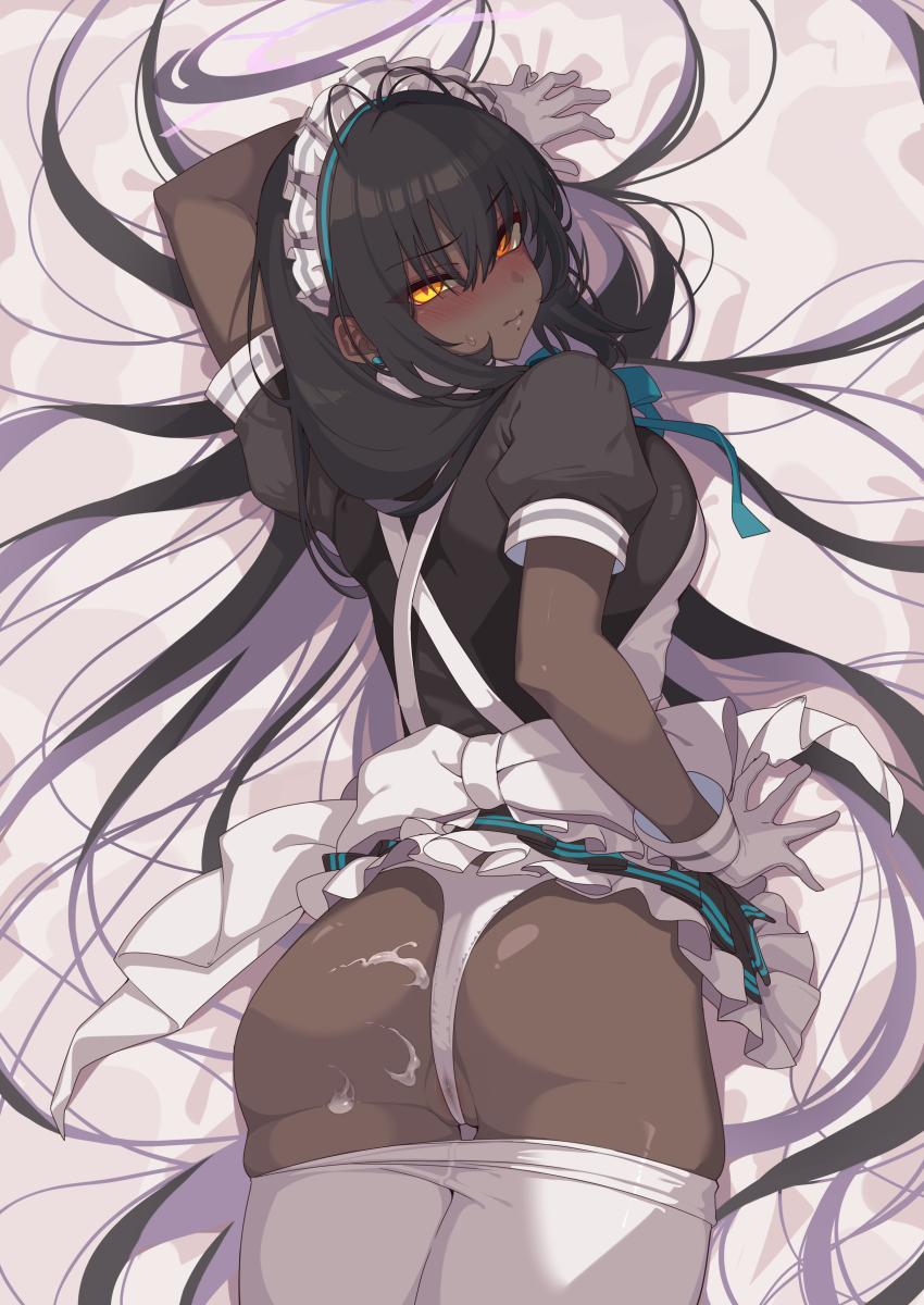 1girl absurdres apron ass black_hair blue_archive blush bow breasts clothes_pull cum cum_on_ass cum_on_body dark-skinned_female dark_skin dress earrings frills gloves halo highres jewelry karin_(blue_archive) large_breasts long_hair looking_at_viewer looking_back lying maid maid_apron maid_headdress on_stomach panties pantyhose pantyhose_pull partially_visible_vulva puffy_sleeves pussy pussy_peek ribbon santa_(sunflower) short_sleeves solo stud_earrings sweat thigh_gap underwear white_gloves white_panties yellow_eyes