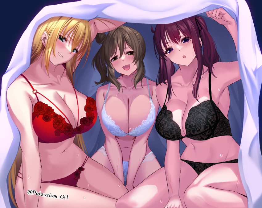 3girls :d :o bare_arms black_bra black_panties blonde_hair blue_eyes bra breasts brown_eyes brown_hair cleavage collarbone grin hair_bun large_breasts long_hair mole mole_under_eye multiple_girls natsuki_karin navel open_mouth panties potassium_oh red_bra red_panties satou_sasara sidelocks signature smile sweat tsurumaki_maki under_covers underwear underwear_only voiceroid white_bra white_panties