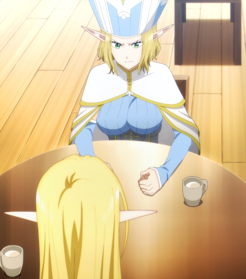 2girls anime_screenshot annette_(isekai_shikkaku) blonde_hair blue_dress breasts cape dress elf green_eyes hat highres isekai_shikkaku large_breasts long_hair long_sleeves multiple_girls pointy_ears short_hair sidelocks stitched table third-party_edit white_cape ysha_(isekai_shikkaku)