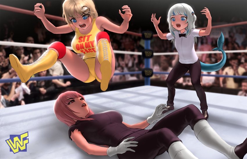 3girls black_pants blonde_hair blue_eyes breasts clothes_writing crowd english_text female_focus fighting fins fish_tail fuck-me_shirt gawr_gura gloves ground_pound hair_ornament highres hololive hololive_english hulk_hogan impossible_clothes infi jumping large_breasts leg_drop long_hair lying medium_breasts medium_hair meme_attire mori_calliope multiple_girls on_back open_mouth pants parody photo_background pink_eyes pink_hair referee shark_tail shirt tail tank_top tareme the_undertaker_(wwe) virtual_youtuber watson_amelia white_hair wrestling wrestling_outfit wrestling_ring wwe