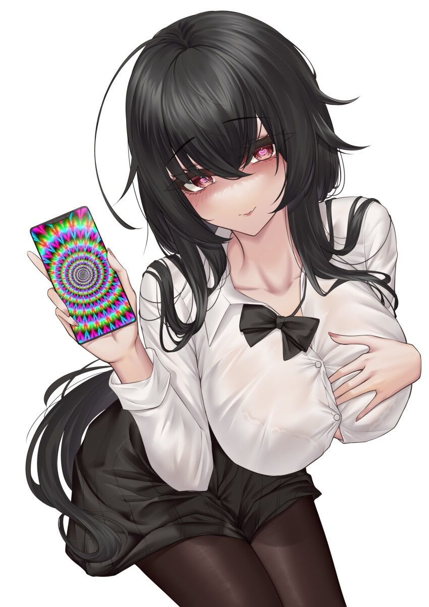 1girl absurdres ahoge azur_lane black_hair black_skirt blush bow bowtie bra_visible_through_clothes breasts brown_pantyhose cellphone collarbone collared_shirt hand_on_own_chest heart heart-shaped_pupils highres holding holding_phone huge_ahoge hypnosis ichikushi_mojibake large_breasts long_hair long_sleeves looking_at_viewer loose_bowtie mind_control official_alternate_costume open_mouth pantyhose partially_unbuttoned phone pleated_skirt red_eyes school_uniform shirt shirt_tucked_in simple_background skirt smartphone solo symbol-shaped_pupils taihou_(azur_lane) taihou_(sweet_time_after_school)_(azur_lane) variant_set very_long_hair white_background white_shirt wing_collar