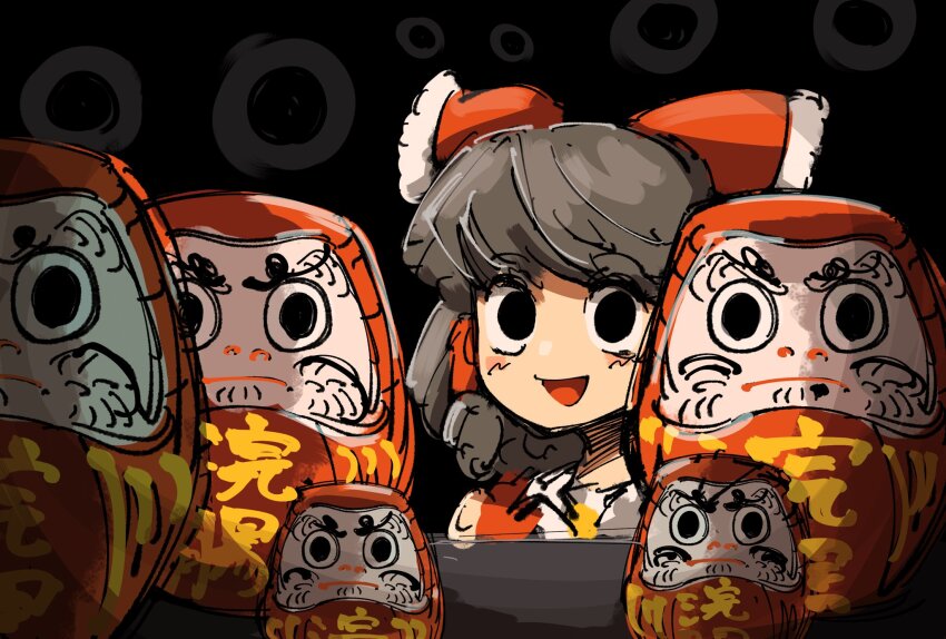 1girl :d black_background black_eyes black_hair bow collared_shirt cookie_(touhou) daruma_doll empty_eyes eyes_in_shadow frilled_bow frills hair_bow hair_tubes hakurei_reimu highres long_hair looking_at_viewer necktie noel_(cookie) odoro_(nicoseiga81184094) open_mouth red_bow red_shirt shirt sidelocks smile solo touhou upper_body yellow_necktie