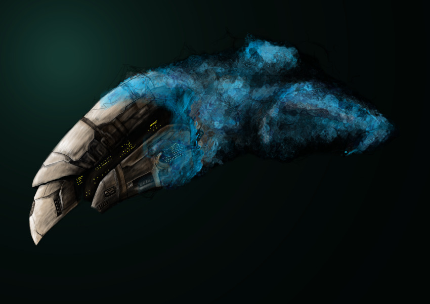 absurdres amarr_empire_(eve_online) aqua_background battlecruiser_(eve_online) carrier combat_ship_(eve_online) commentary dark_background droneboat_(eve_online) eve_online from_side glowing highres macrocourse military_vehicle monochrome_background no_humans optical_camouflage prophecy_(eve_online) science_fiction spacecraft vehicle_focus