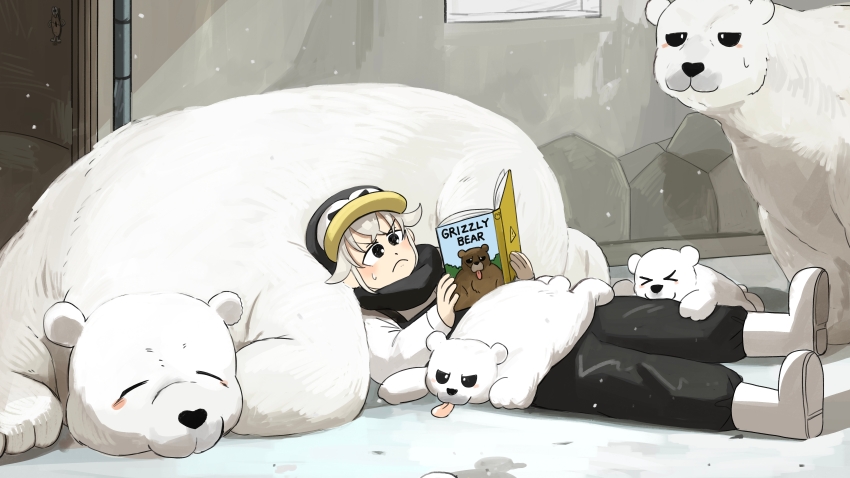 &gt;_&lt; 1girl absurdres bear bird black_overalls black_pants black_scarf book boots commentary diva_(hyxpk) donut_stamp duck english_commentary frown grey_hair hat highres ice lying overalls pants penguin_hat penguin_keeper_(diva) polar_bear reading rubber_boots scarf shirt short_hair slice_of_life tongue tongue_out white_footwear white_shirt zoo zookeeper zookeepers_(diva)