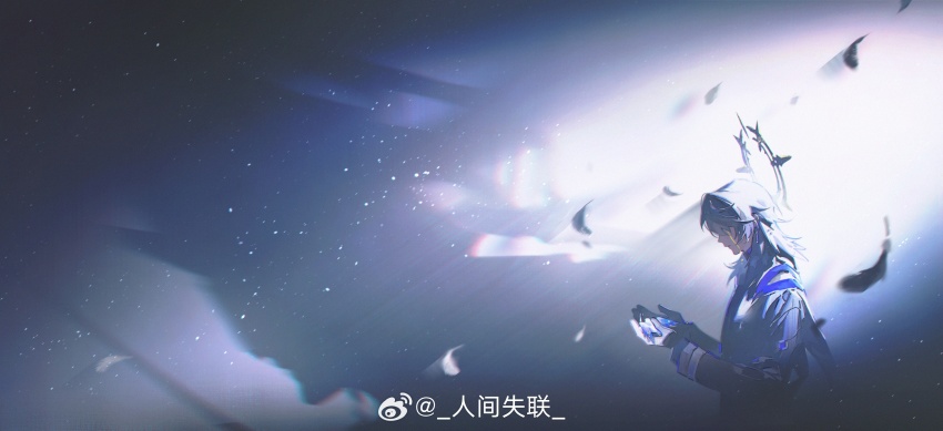 1boy absurdres angel_wings animal bird cape chinese_commentary commentary_request crying feathers from_side grey_background grey_hair grey_jacket head_wings highres holding holding_animal holding_bird honkai:_star_rail honkai_(series) jacket layered_sleeves light_particles light_rays long_hair long_sleeves male_focus renjian_shilian solo streaming_tears sunday_(honkai:_star_rail) tears upper_body watermark weibo_watermark white_cape white_wings wings