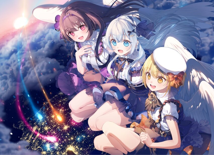 3girls :d a20_(atsumaru) aitsuki_nakuru beret black_bow black_bowtie black_skirt blonde_hair blue_eyes blush bow bowtie city_lights cloud cloudy_sky collared_shirt evening feathered_wings floating_hair flying from_above hairband hand_on_own_chest hat highres knees_up la_priere layered_skirt legs_together long_hair looking_ahead looking_at_viewer multiple_girls natsume_itsuki_(voice_actor) nayuta_(voice_actor) open_mouth orange_eyes pink_eyes pleated_skirt puffy_short_sleeves puffy_sleeves purple_hair purple_hairband shirt short_hair short_sleeves skirt sky smile stratosphere striped_bow striped_bowtie striped_clothes sunset teeth upper_teeth_only white_hair white_headwear white_shirt white_wings wings