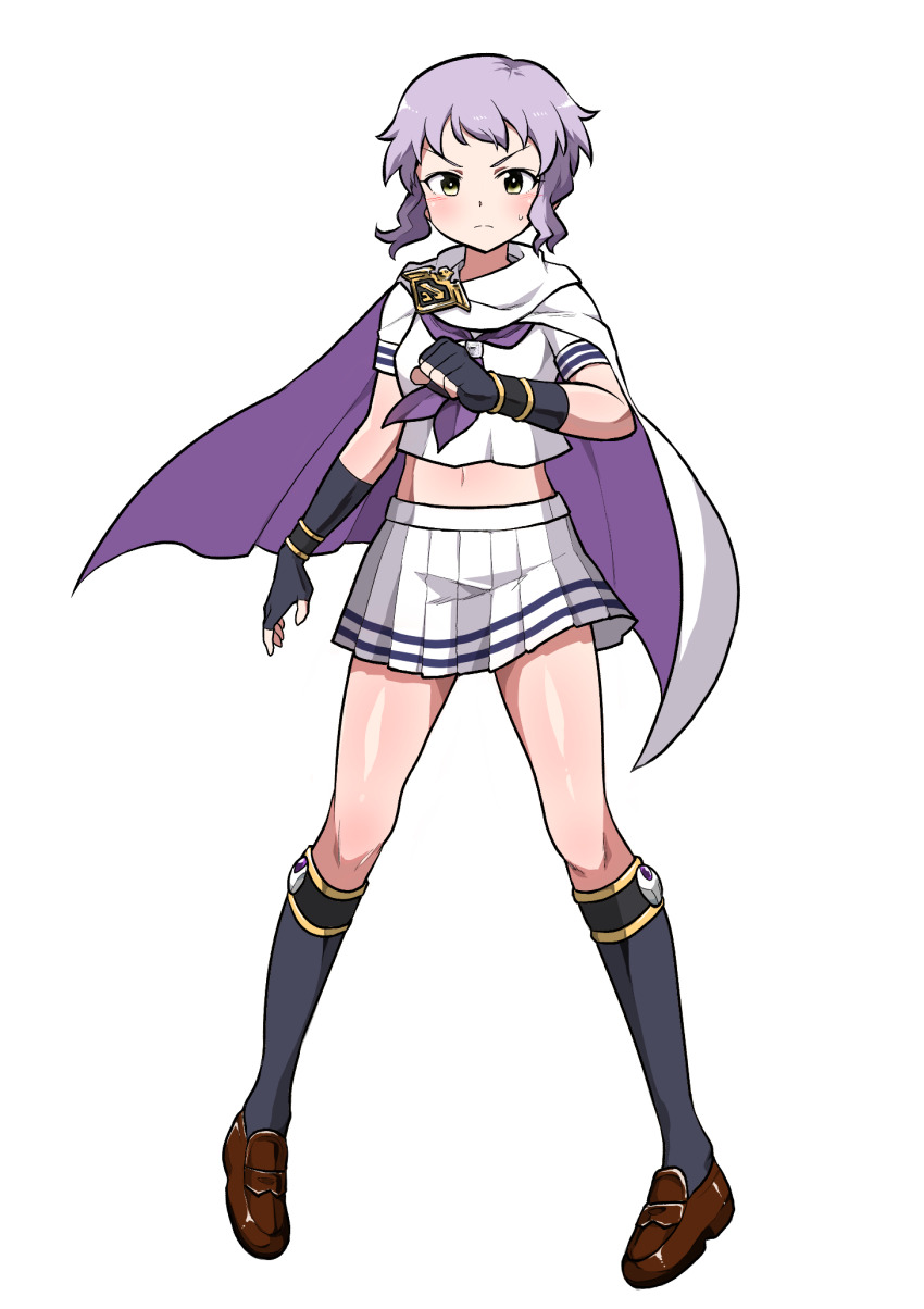 1girl black_gloves black_socks blush breasts brown_footwear burningsushi cape clenched_hand commentary_request emblem fingerless_gloves full_body gloves hand_up highres idol_heroes_(idolmaster) idolmaster idolmaster_million_live! kneehighs legs looking_at_viewer makabe_mizuki mighty_sailor miniskirt navel neckerchief pleated_skirt purple_hair purple_neckerchief serious shirt short_hair short_sleeves sidelocks skirt small_breasts socks solo standing sweat thighs v-shaped_eyebrows wavy_hair white_cape white_shirt white_skirt yellow_eyes