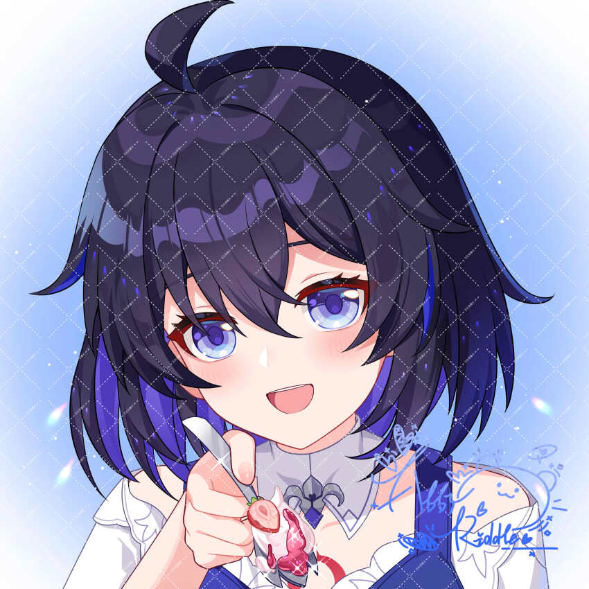 1girl :d abby_riddle absurdres ahoge bare_shoulders blue_eyes blue_hair blue_vest blush chinese_commentary collar colored_inner_hair commentary detached_collar food fork fruit hair_between_eyes highres holding holding_fork honkai_(series) honkai_impact_3rd incoming_food multicolored_hair off-shoulder_shirt off_shoulder open_mouth portrait seele_vollerei seele_vollerei_(azure_memories) seele_vollerei_(swallowtail_phantasm) shirt short_hair signature smile solo strawberry two-tone_hair vest watermark watermark_grid white_collar white_shirt