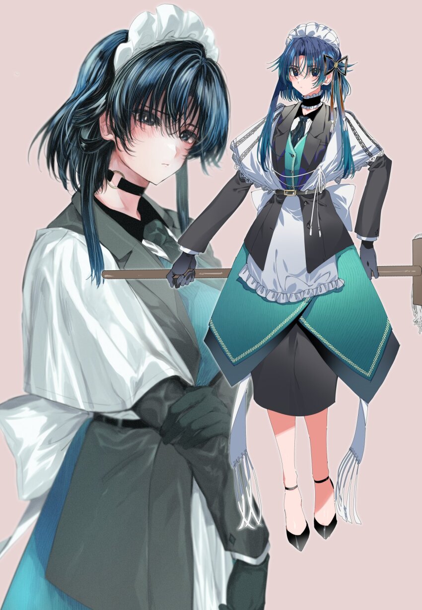 1girl anna_(kimi_wa_meido-sama) belt black_belt black_coat black_necktie black_skirt blue_eyes blue_hair blush breasts closed_eyes closed_mouth coat commentary_request gloves highres holding holding_mop kimi_wa_meido-sama long_hair long_sleeves looking_at_viewer maid_headdress medium_breasts mop multiple_views necktie o-ring open_clothes open_coat shirt shotan simple_background skirt white_headdress white_shirt