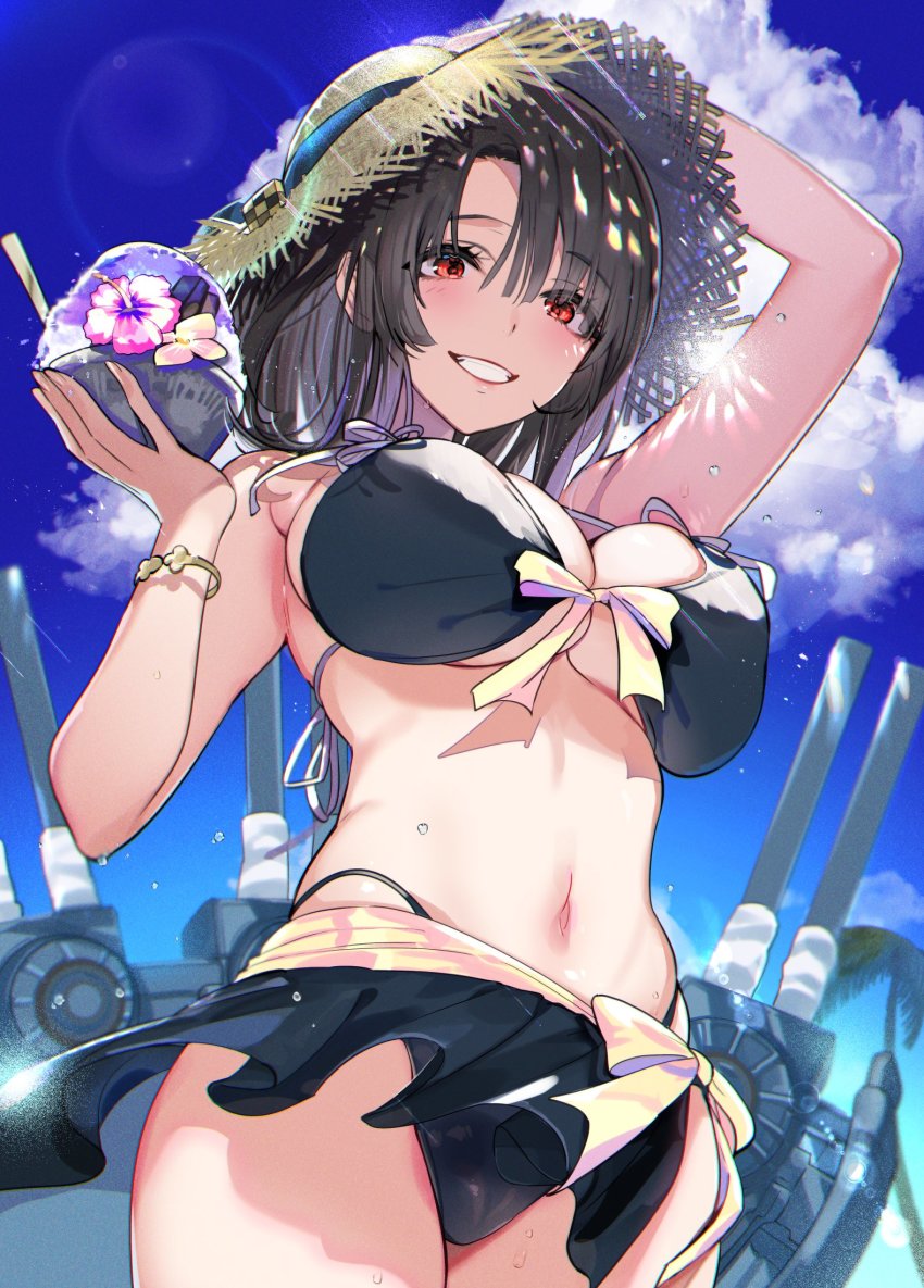 1girl alternate_costume bikini bikini_skirt black_bikini black_hair breasts cloud day food from_below grin hand_on_headwear hat hayakawa_akari highres holding holding_food kantai_collection large_breasts looking_at_viewer outdoors parfait red_eyes rigging short_hair smile solo straw_hat swimsuit takao_(kancolle)