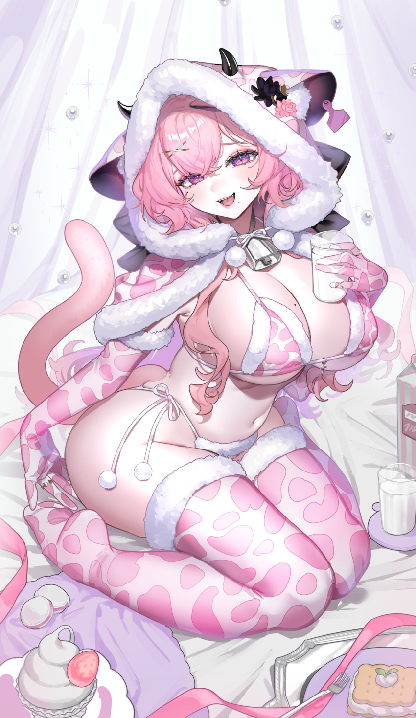 absurdres animal_ears animal_print bell bikini breasts bright_background commission cow_horns cow_print cow_print_bikini cow_print_sleeves cow_print_thighhighs cowbell cup curtains ear_tag fake_animal_ears fake_horns fangs flower fluff fork highres holding holding_cup horns jewelry large_breasts looking_at_viewer mayuri_kaichou milk milk_carton mole mole_on_breast neck_bell original pink_hair pom_pom_(clothes) print_bikini print_thighhighs ring skeb_commission smile star_(symbol) swimsuit thighhighs white_background