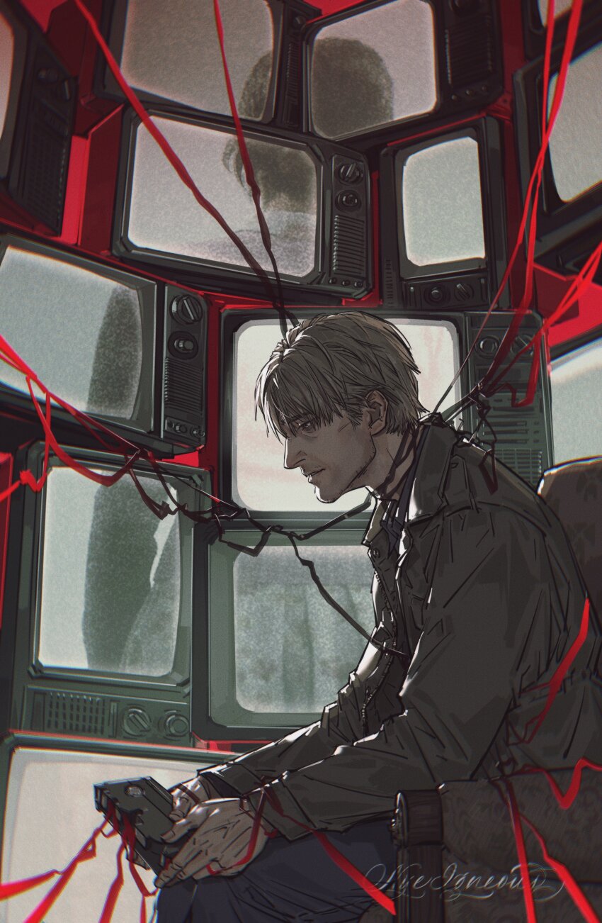 1boy absurdres bloober_team brown_hair closed_mouth crt from_side highres holding_tape james_sunderland konami long_sleeves male_focus nyeigneous remake short_hair silent_hill_(series) silent_hill_2 silent_hill_2_(remake) sitting solo tape videocassette