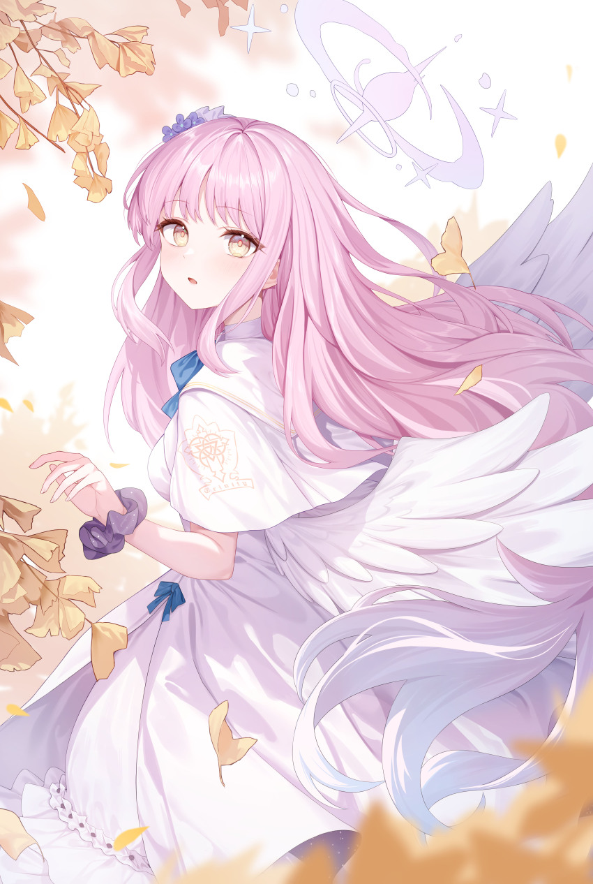 1girl absurdres black_scrunchie blue_archive blue_hair commentary_request dress ginkgo_tree gradient_hair halo highres long_hair looking_at_viewer mika_(blue_archive) multicolored_hair pink_halo roi_(liu_tian) scrunchie solo white_dress white_wings wings wrist_scrunchie yellow_eyes