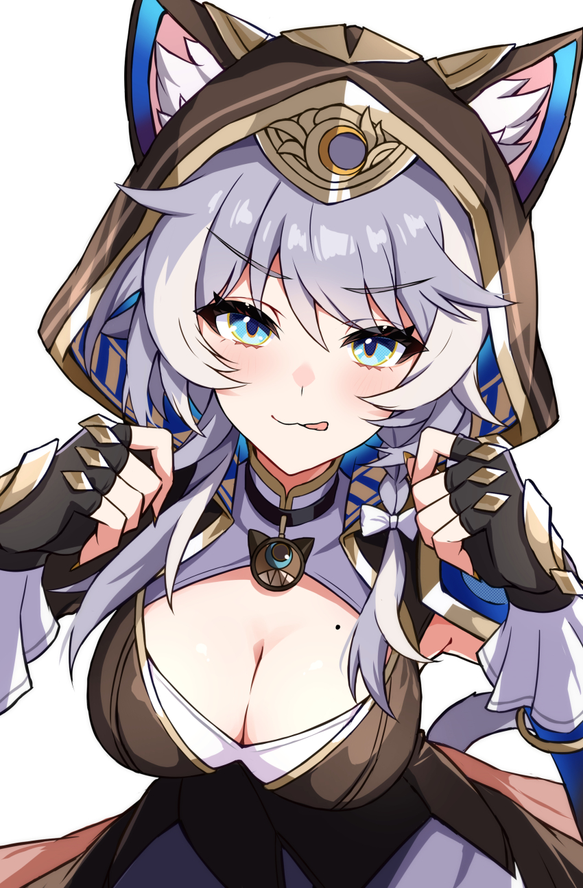 1girl absurdres animal_ears animal_hood black_gloves blue_eyes breasts brown_hood cat_ears cat_girl cat_hood cat_tail cipher_(honkai:_star_rail) cleavage commentary_request fingerless_gloves gloves grey_hair hetareneko highres honkai:_star_rail honkai_(series) hood large_breasts licking_lips mixed-language_commentary mole mole_on_breast revision short_hair_with_long_locks simple_background solo tail tongue tongue_out white_background