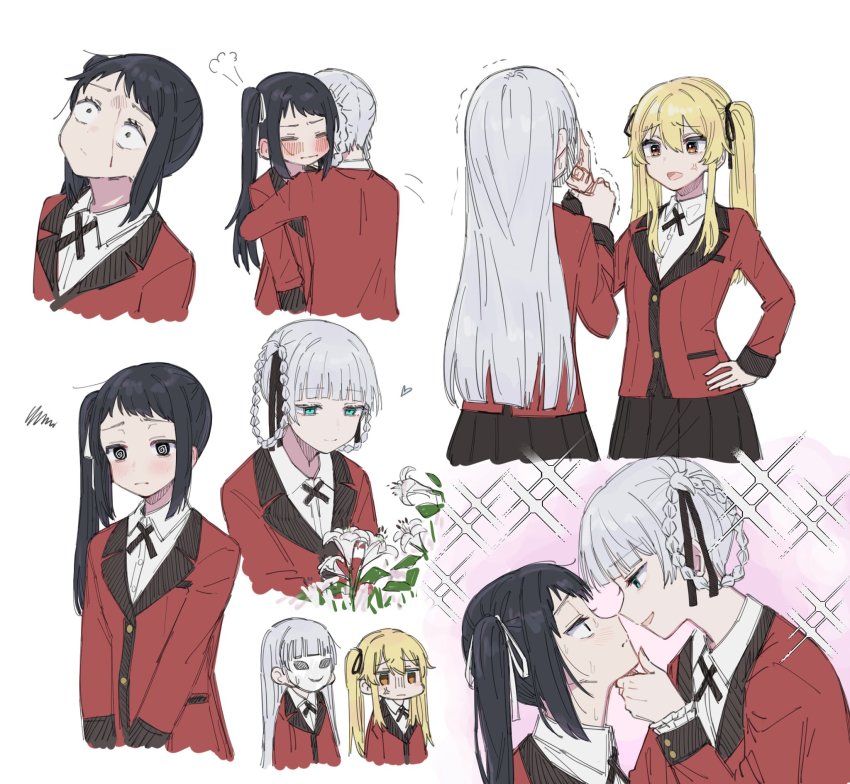 4girls @_@ anger_vein aqua_eyes ayasuba_love black_hair blonde_hair blush braid braided_hair_rings closed_eyes closed_mouth commentary cross_tie eye_contact flower hair_rings hand_on_another&#039;s_chin hand_on_own_hip highres hug hyakkaou_academy_school_uniform igarashi_sayaka kakegurui lily_(flower) looking_at_another mask momobami_kirari momobami_ririka multiple_girls parted_lips saotome_mary school_uniform white_hair yellow_eyes yuri