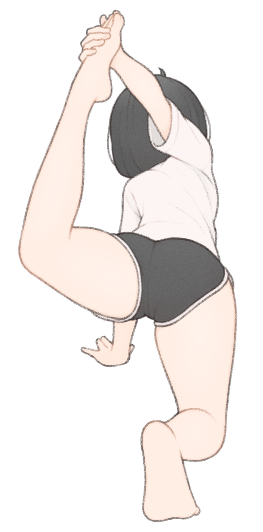 1girl 1ssakawaguchi absurdres ass barefoot black_hair black_shorts bob_cut commentary_request dolphin_shorts feet from_behind full_body hands_on_feet highres ichika_(1ssakawaguchi) kneepits leg_up original shirt short_sleeves shorts simple_background soles solo stretching white_background white_shirt yoga