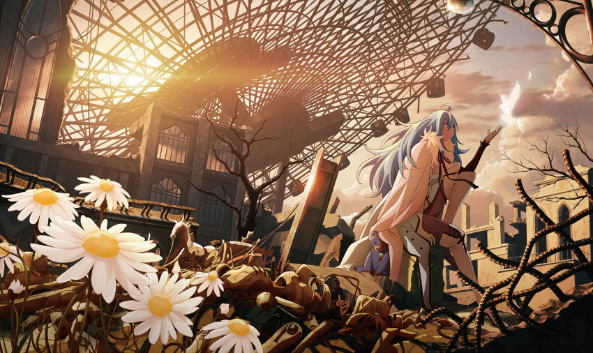 1girl ahoge android aqua_eyes aqua_hair black_pantyhose boots box_art breasts cape cleavage closed_mouth concrete daisy_(flower) dress ferris_wheel flower fur-trimmed_cape fur_trim gloves glowing_bird gradient_sky highres long_hair matsumoto_(vivy) neck_ribbon off-shoulder_dress off_shoulder official_art outstretched_hand pantyhose rebar ribbon ruins sitting sky solo stuffed_animal stuffed_toy teddy_bear thigh_boots third-party_source vivy vivy:_fluorite_eye&#039;s_song