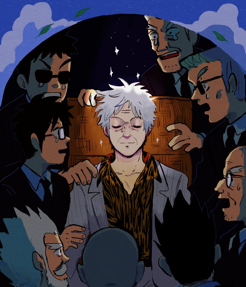 6+boys absurdres akagi_shigeru animal_print asai_ginji bald beard black_hair black_jacket black_necktie character_request closed_eyes closed_mouth collared_shirt commentary facial_hair flattop fukumoto_mahjong goatee grey_hair harada_katsumi highres igawa_hiroyuki jacket kanamitsu_shuuzou looking_at_another male_focus multiple_boys mustache necktie old old_man open_mouth print_shirt sawada_(ten) shirt short_hair smile soga_mitsui solo_focus sparkle spiked_hair striped_clothes striped_jacket ten_(manga) ten_takashi tiger_print tzk6996 upper_body washio_hitoshi white_shirt