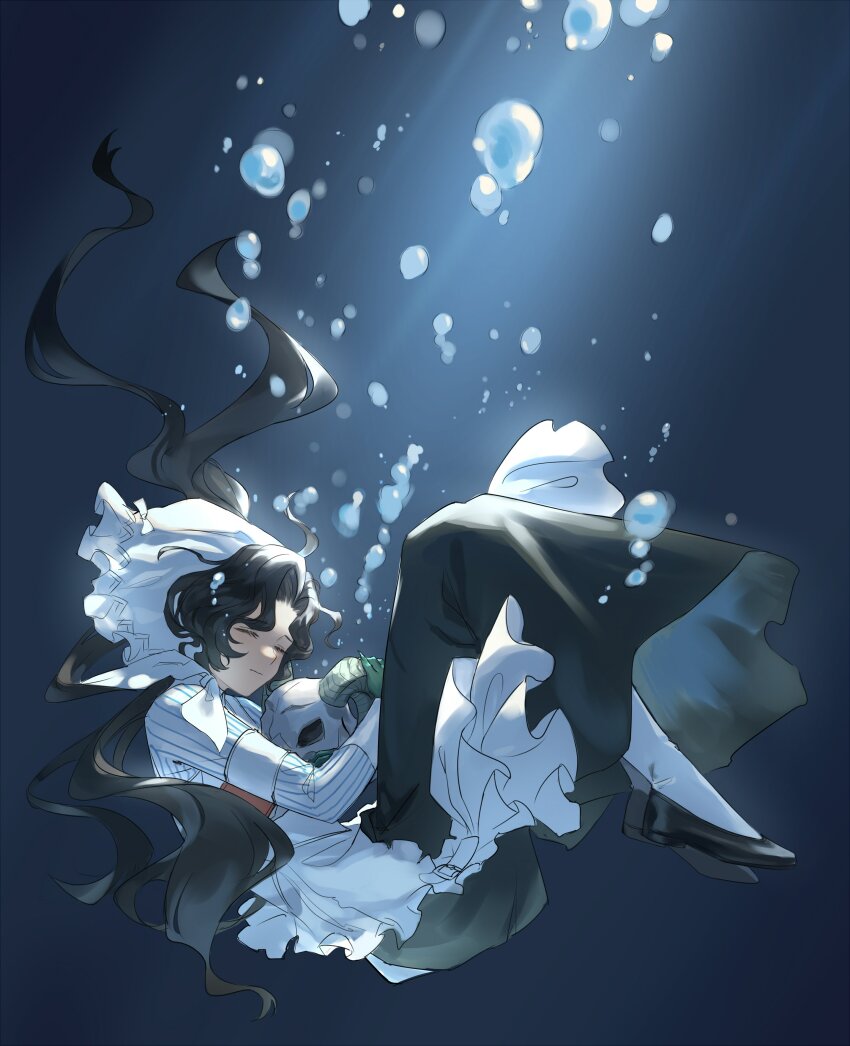 1girl absurdres air_bubble animal_skull anjo_nala bamboo_nima black_hair black_shoes black_skirt blue_background bubble closed_eyes coif floating_hair from_side full_body hat highres holding holding_skull long_hair long_skirt neckerchief pantyhose pinstripe_pattern pinstripe_shirt reverse:1999 shirt shoes skirt skull solo striped_clothes striped_shirt submerged underwater vertical-striped_clothes vertical-striped_shirt white_hat white_neckerchief white_pantyhose white_shirt