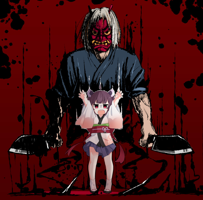 1boy 1girl absurdres ahoge arms_up blade blunt_bangs bow character_request commentary_request cropped_torso full_body gao glaring headgear highres holding holding_knife ink japanese_clothes kimono kitchen_knife knife konori_(ahurerukuiizi) looking_at_viewer mask oni_mask open_mouth pleated_skirt projected_inset purple_hair purple_skirt red_background red_bow red_eyes sandals sharp_teeth short_kimono skirt tabi teeth tiptoes touhoku_kiritan v-shaped_eyebrows veins voiceroid waist_bow white_hair white_kimono wide_shot yukata zouri