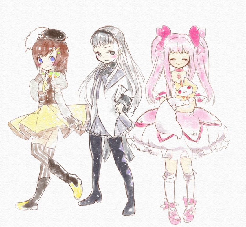 3girls akemi_homura akemi_homura_(cosplay) annoyed argyle_clothes argyle_footwear back_bow beret black_boots black_capelet black_corset black_gloves black_hair black_hat black_thighhighs blunt_bangs bobo_(miracle_nikki) boots bow bowtie braid brown_hair bubble_skirt capelet chest_jewel choker closed_eyes closed_mouth collared_capelet commentary_request corset cosplay creature cross-laced_shoes crossed_arms crossover detached_sleeves dress eyelashes fingerless_gloves footwear_bow forehead frilled_skirt frilled_sleeves frilled_socks frills frown full_body furrowed_brow gem gloves green_bow grey_background grey_bow grey_eyes grey_hair hair_bow hair_ornament hair_over_shoulder hairclip hand_on_own_chest hand_on_own_hip happy hat hat_feather high_collar high_heel_boots high_heels highres holding holding_creature kaname_madoka kaname_madoka_(cosplay) kimi_(miracle_nikki) knee_boots kneehighs kyubey layered_sleeves light_blush long_hair long_sleeves looking_at_viewer magical_girl mahou_shoujo_madoka_magica mahou_shoujo_madoka_magica_(anime) mary_janes medium_skirt miniskirt miracle_nikki momo_(nikki) momo_(nikki)_(cosplay) multicolored_boots multiple_girls nekoneko_gon nikki_(nikki) nikki_(series) pantyhose pink_bow pink_dress pink_gemstone pink_hair pink_shoes pleated_skirt puffy_short_sleeves puffy_sleeves pumps purple_bow purple_bowtie purple_capelet purple_skirt red_choker shirt shoes short_dress short_sleeves sidelocks simple_background skirt skirt_under_dress smile socks square_neckline standing striped_clothes striped_thighhighs thigh_boots thighhighs tomoe_mami tomoe_mami_(cosplay) twin_braids twintails two-tone_boots two-tone_capelet vertical-striped_clothes vertical-striped_thighhighs white_dress white_gloves white_shirt white_skirt white_sleeves white_socks yellow_boots yellow_skirt