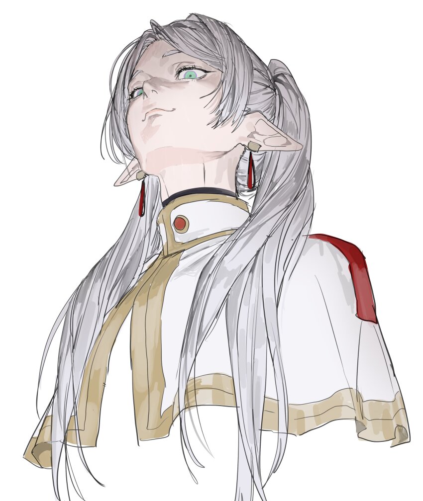 1girl absurdres capelet chamuring cropped_shoulders earrings elf frieren gold_trim green_eyes grey_hair hair_over_shoulder head_back highres jewelry long_pointy_ears looking_at_viewer meme parted_bangs pointy_ears shaded_face simple_background smile solo sousou_no_frieren teardrop_earrings twintails upper_body upward_angle_frieren_drawing_(meme) white_background white_capelet