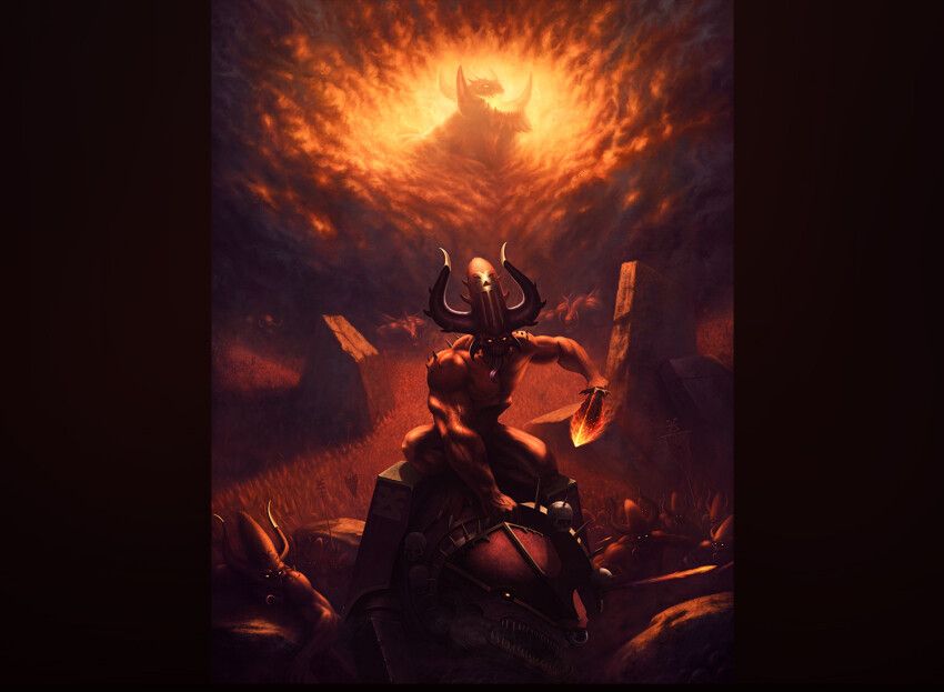 6+boys banner battle_standard bloodletter bloodthirster chaos_(warhammer) colored_skin demon demon_horns facial_mark fire flaming_weapon fog forehead_mark from_side glowing glowing_eyes hell heresy holding holding_weapon horns khorne khorne_berserker looking_at_viewer multiple_boys red_skin rui_goncalves_art sharp_teeth shoulder_spikes sign_of_khorne skull skull_ornament spikes teeth war_banner warhammer_40k weapon yellow_eyes