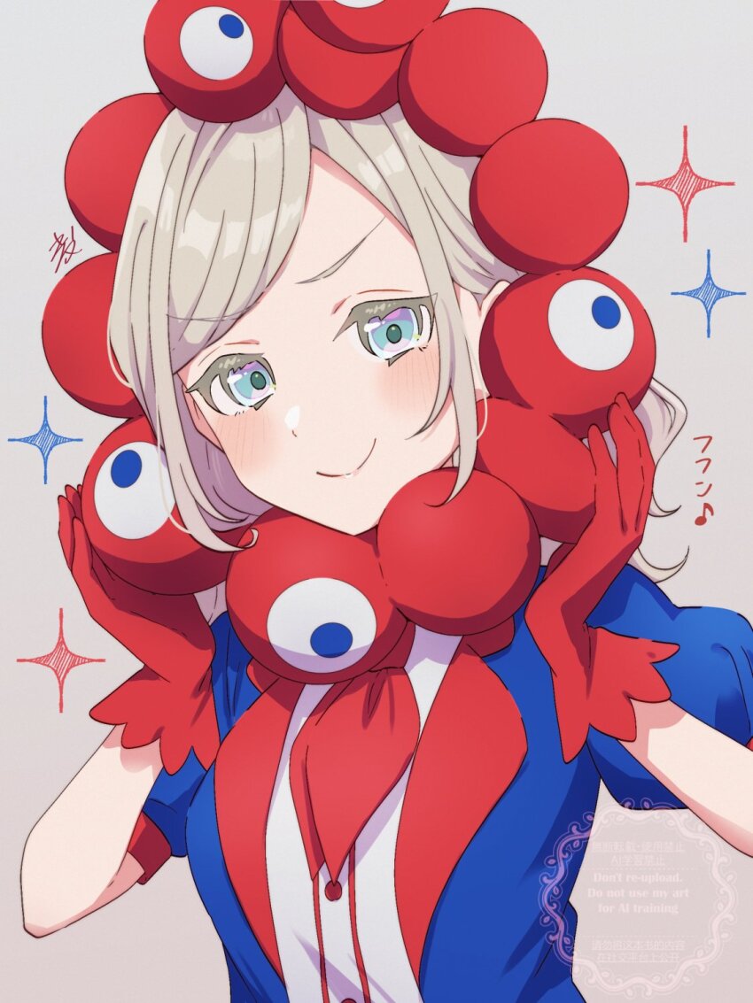 1girl blue_eyes blue_jacket ceras_yanagida_lilienfeld closed_mouth commentary_request expo2025 gloves grey_hair highres jacket kyaku_tasu link!_like!_love_live! long_hair long_sleeves looking_at_viewer love_live! musical_note myaku-myaku neckerchief official_alternate_costume open_clothes open_jacket puffy_short_sleeves puffy_sleeves red_gloves red_neckerchief shirt short-sleeved_jacket short_sleeves signature smile solo sparkle split_mouth spoken_musical_note upper_body virtual_youtuber watermark white_shirt