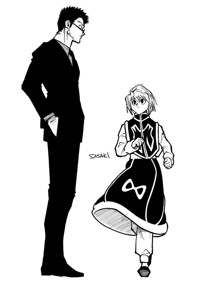 2boys black_hair black_suit formal_clothes full_body greyscale highres hunter_x_hunter kurapika leorio_paladiknight long_sleeves looking_at_another male_focus monochrome multiple_boys round_eyewear running sasaki_koguma short_hair simple_background spiked_hair standing suit tabard white_background