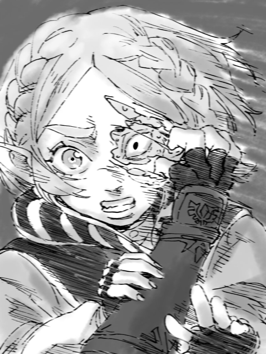 2boys absurdres braid chouson clenched_teeth cosplay disguise fingerless_gloves gloves greyscale hair_behind_ear hand_on_another&#039;s_arm highres link looking_at_viewer mask monochrome motion_blur motion_lines multiple_boys nintendo open_hand parted_bangs pointy_ears portrait pov princess_zelda princess_zelda_(cosplay) ripping short_hair teeth the_legend_of_zelda the_legend_of_zelda:_tears_of_the_kingdom torn_mask wide-eyed yiga_clan_footsoldier