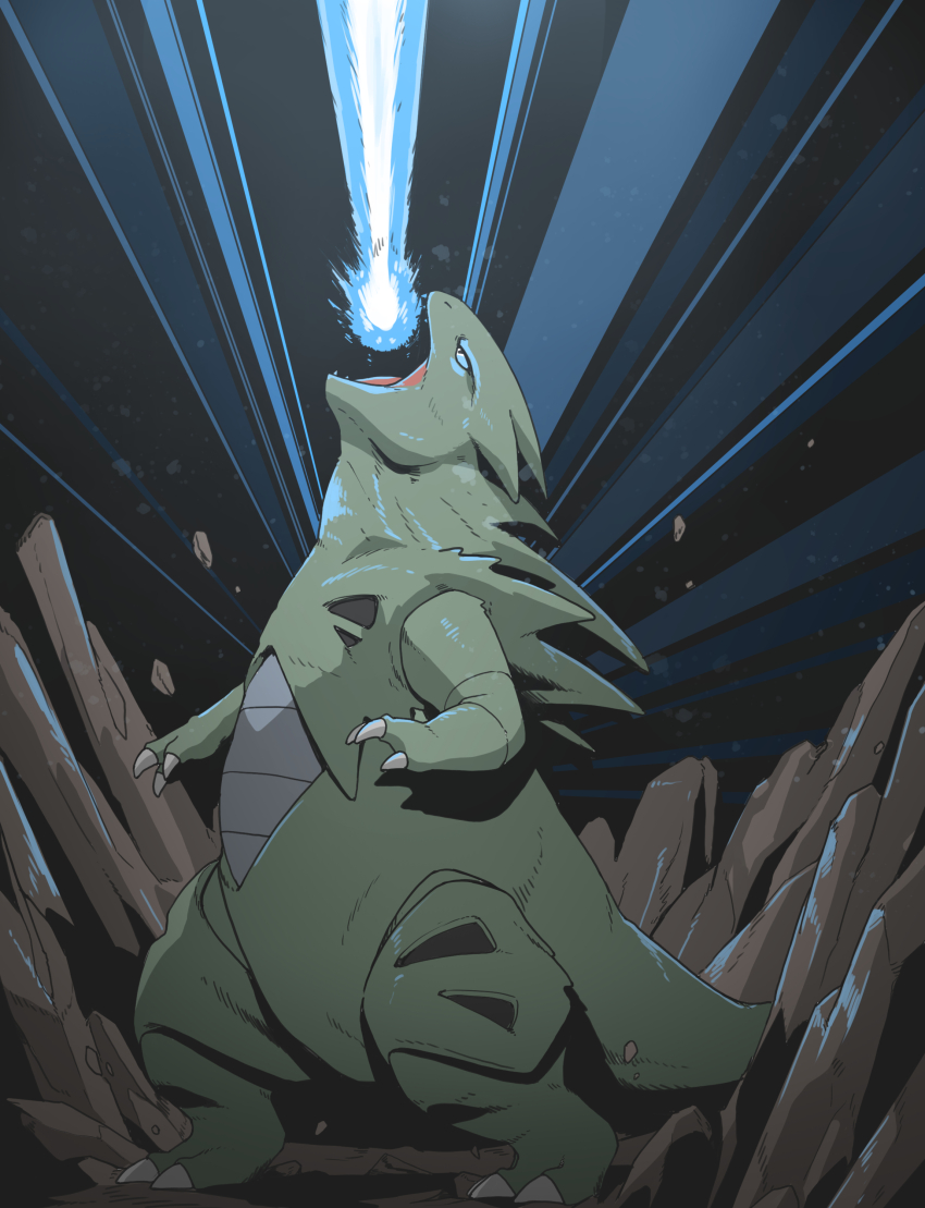 absurdres claws colored_skin energy_blast fangs gen_2_pokemon green_skin highres looking_up martinicandy nintendo no_humans open_mouth pokemon pokemon_(creature) rock shoulder_spikes solo spikes standing tongue tyranitar