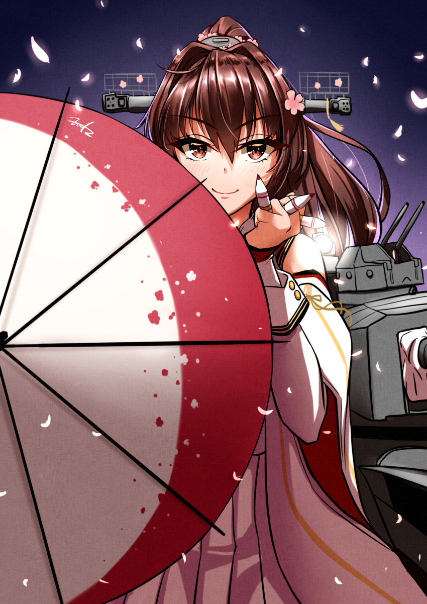 1girl absurdres brown_eyes brown_hair cannon cherry_blossoms clothing_cutout coat flower fritz614 hair_flower hair_intakes hair_ornament highres holding holding_shell holding_umbrella kantai_collection long_hair long_sleeves multicolored_umbrella ponytail red_umbrella rigging shell ship_turret shirt shoulder_cutout sidelocks sleeveless sleeveless_coat smile solo umbrella white_coat white_shirt white_umbrella yamato_(kancolle) yamato_kai_ni_(kancolle)