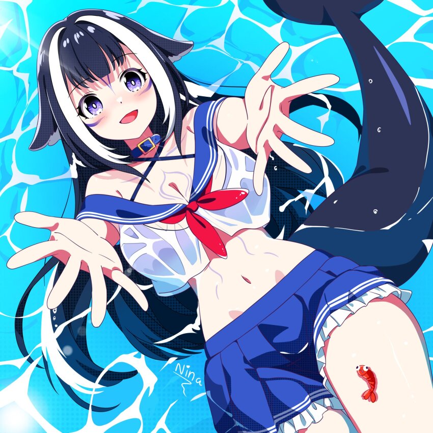 1girl animal_ears belt_collar bikini bikini_under_clothes black_collar black_hair blue_bikini blue_skirt body_markings breasts cetacean_tail cleavage collar facial_mark fins fish_tail halterneck highres indie_virtual_youtuber large_breasts long_hair multicolored_hair navel open_mouth orca_girl outstretched_arms outstretched_hand purple_eyes rojogarnina see-through_clothes see-through_shirt shirt shylily shylily_(1st_costume) sidelocks skirt smile solo streaked_hair swimsuit tail virtual_youtuber water white_hair white_shirt