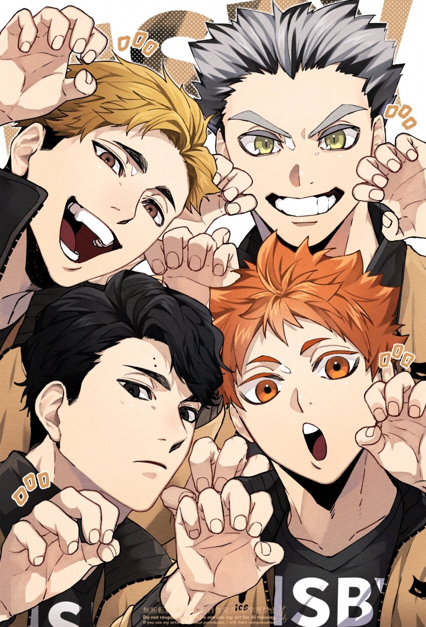 4boys black_eyes black_hair bokuto_koutarou brown_eyes claw_pose closed_mouth commentary_request fingernails grey_hair haikyuu!! highres hinata_shouyou jacket looking_at_viewer male_focus miya_atsumu mole mole_on_forehead multicolored_hair multiple_boys omg_genjitsu open_mouth orange_eyes orange_hair sakusa_kiyoomi shirt short_hair simple_background smile sportswear teeth tongue track_jacket two-tone_hair upper_teeth_only volleyball_uniform white_background white_hair yellow_eyes