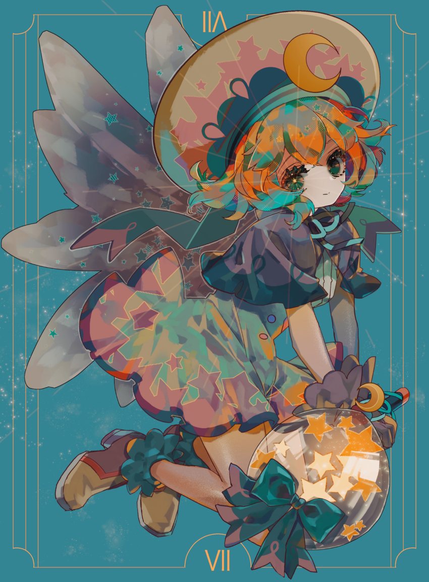 1girl absurdres amitie_(puyopuyo) amitie_(wishing_star)_(puyopuyo) aqua_background aqua_hair aqua_ribbon border capelet crescent crescent_hat_ornament dress fairy_wings floating_hair flying full_body gloves green_eyes grey_wings hat hat_ornament highres holding knees_up lappet light_smile looking_at_viewer merumerumerume multicolored_footwear multicolored_hat neck_ribbon object_request official_alternate_costume orange_hair ornate_border outside_border pale_skin purple_capelet purple_gloves puyopuyo puyopuyo_quest ribbon short_dress sleeveless sleeveless_dress solo sparkle star_(symbol) star_in_eye symbol_in_eye two-handed v_arms wings