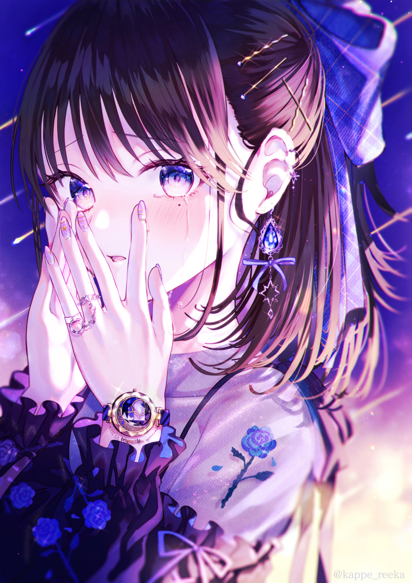 1girl absurdres blue_eyes bow brown_hair crying earrings hair_bow highres jewelry kappe_reeka long_hair mole mole_under_eye open_mouth original plaid_bow purple_bow ring solo star_tears tears upper_body